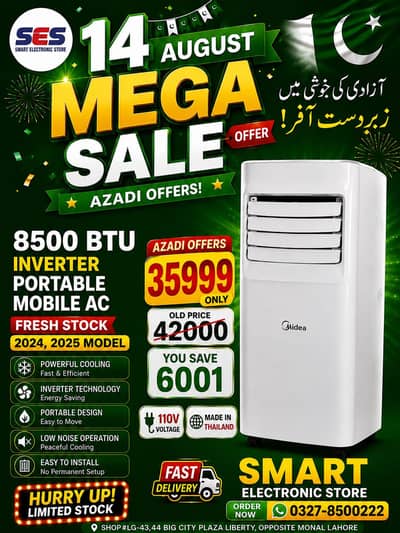 Azadi offer 8500 Btu inverter portable mobile ac fresh stock 2026
