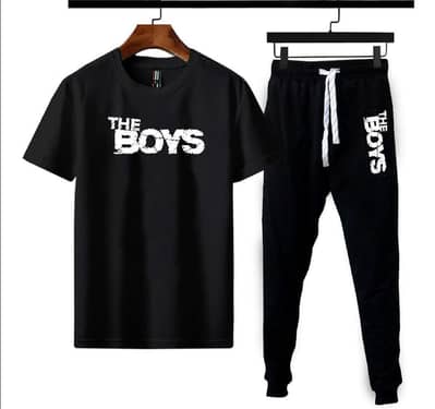 Men Black Printed Cotton Track Suit 2Pcs