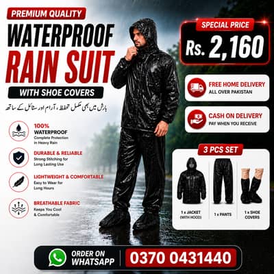 Waterproof Black Rain Suit Set With Shoe Covers (3 Pcs)