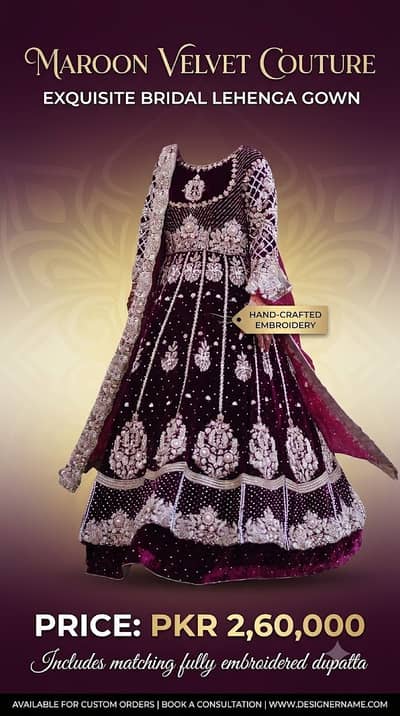 Luxury Maroon Velvet Bridal Lehenga | Designer Wedding Dress | Heavy
