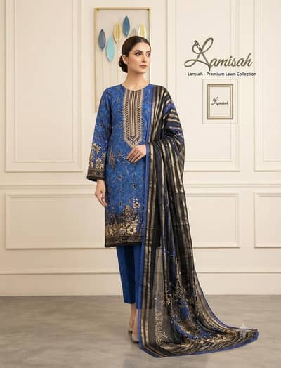 Cotton 3 Piece Unstitched Suit with premium kerhai Royal Blue COD