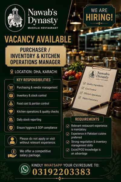 Inventory Manager / Purchasing Officer (Restaurant) Experienced Only