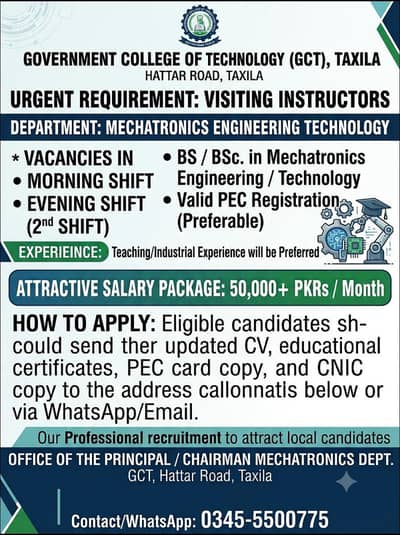 mechatronics engineer required for teaching