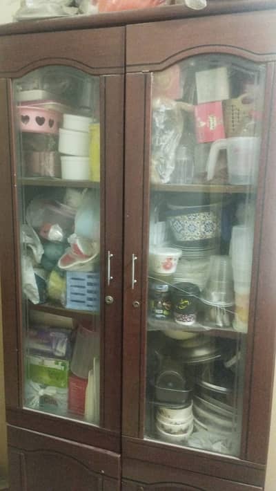 Wooden 2-Door Glass Crockery Cabinet / Showcase with Storage