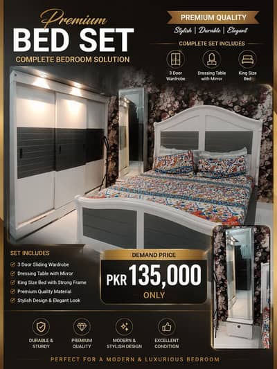 Premium Complete Bedroom Set | Bed + Sliding Wardrobe + Dressing Tabl