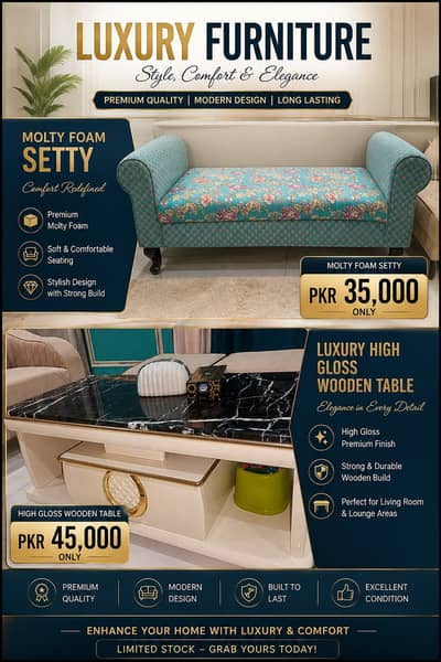 Molty Foam Setty + Luxury High Gloss Wooden Center Table | Premium
