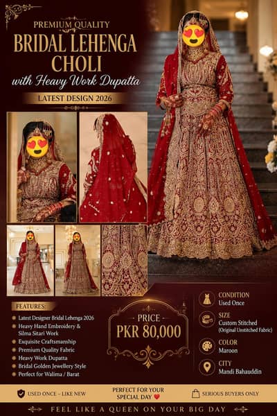 Luxury Bridal Lehenga | Used Once | Premium Heavy Work | Barat Dress