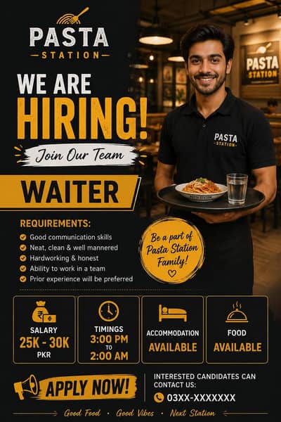 Waiter / Restaurant Server job in bahria town  salary 25k - 30k