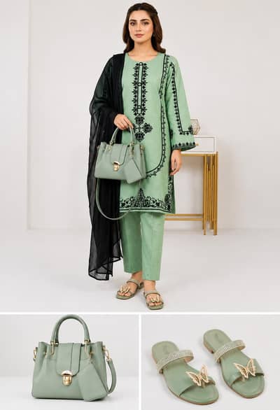 green embroidery kurta set with black shawl