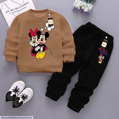 Boy's Fleece Mickey Minnie Printed Tracksuit Brown 1-10 Years