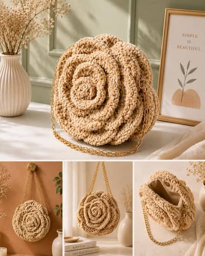 Luxury handmade crochet velvet 3D rose bag | Elegant women's purse