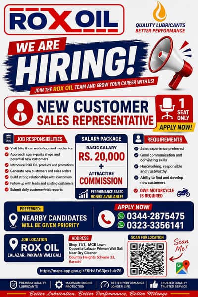  ROX OIL Is Hiring – New Customer Sales Representative