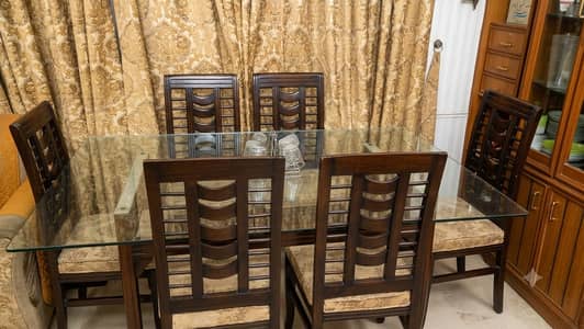 Wooden Dining Table 6 Chairs | Glass Top | Cushion Seats – For Sale
