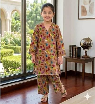 2 pcs Girls cotton printed kurta and trouser