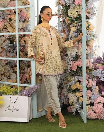 women printed 2 piece co _ord. set medium geige swiss lawn