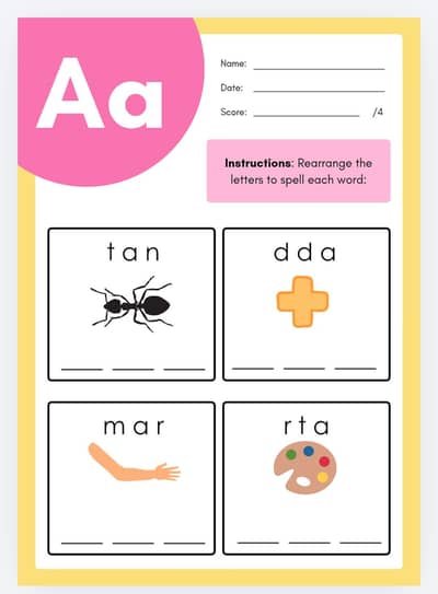 Alphabet spelling worksheet available from a to z