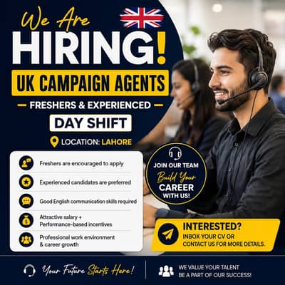 Hiring UK Campaign Agents Freshers & Experienced | Day Shift | Lahore