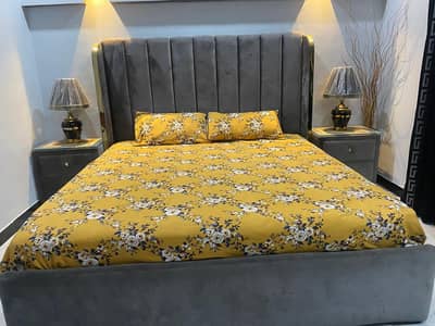 wooden bed in grey for sale