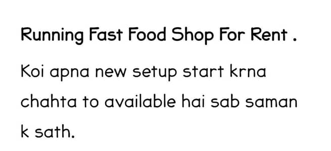 Fast Food Running Shop For Rent.