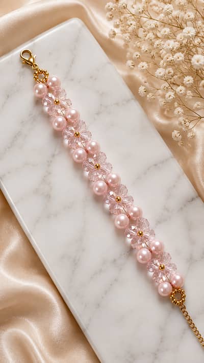 Pastel Crochet Pearl Flower Bracelet for Women | Handmade Beaded Brace