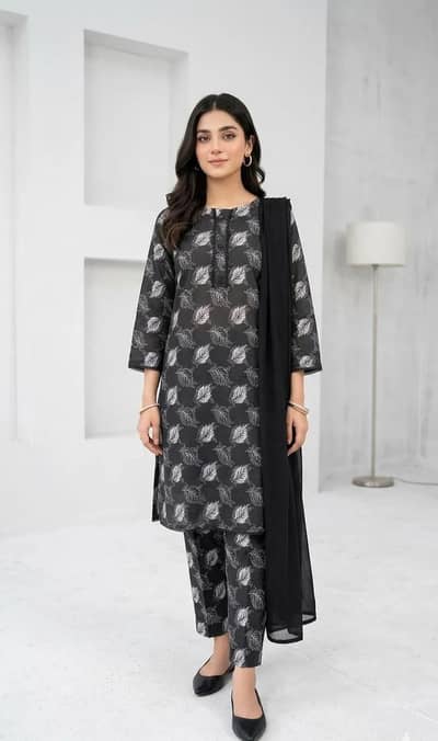 Premium 3 Pcs Women's Stitched Lawn Printed Suit - Black Special