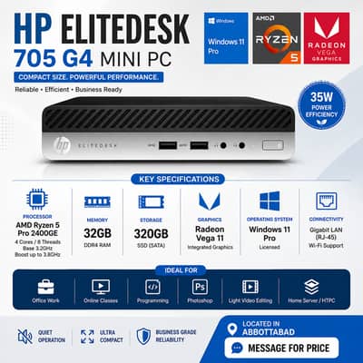 HP EliteDesk 705 G4 Mini PC | Ryzen 5 Pro 2400GE | 32GB RAM | 320GB