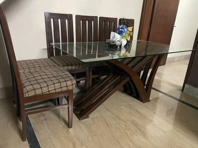 Modern 6-Seater Solid Wood Dining Table with Heavy Glass Top & 6 Cushi