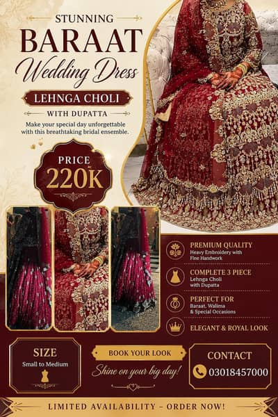 baraat bridal wedding dress lehenga choli 3 piece with dupatta