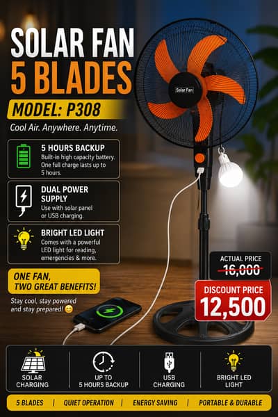 Solar Fan P308 | 5 Blade Rechargeable Fan with LED Light