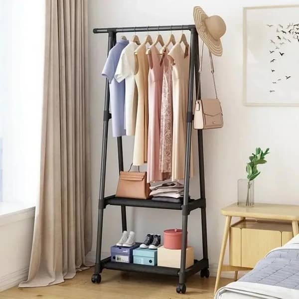 Clothes Hanging Stand - Hanging Stand for Clothes - Corner Rack - Cloth Hanging Stand - Clothes Hanging Stand for Room - Cloth Stand - Clothes Hanging Stand for Bedroom - Corner Cloth Rack with 3 Layers Storage Shelves & Double Hooks