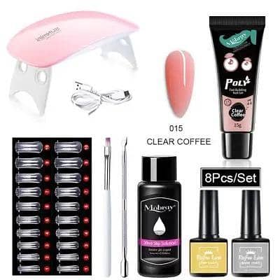 Poly Nail Gel Set with 6W LED Lamp – Complete DIY Manicure Kit for Nail Extensions and Tips (8-Piece Set)