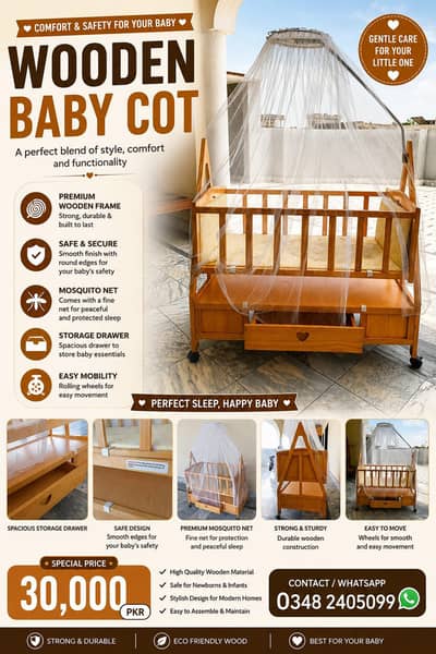 Premium Wooden Baby Cot with Mosquito Net & Storage Drawer