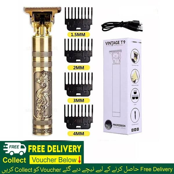 Vintage T9 Trimmer for Men — USB-Rechargeable Hair Clipper with T-Shaped Zero-Gap Blade (Metal Body) Beard Grooming Kit