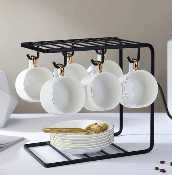 6 Hook Black Metal Coffee Cup Rack, Drying Stand for Cups and Saucers, Kitchen and Dining Table Organizer