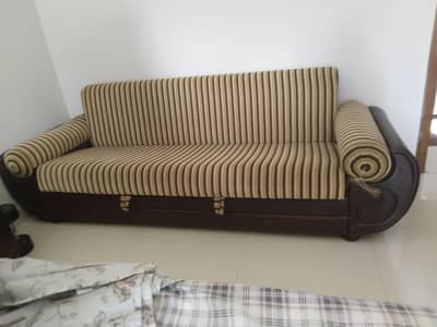 Strong Wooden 3-Seater Sofa Cum Bed – Good Condition