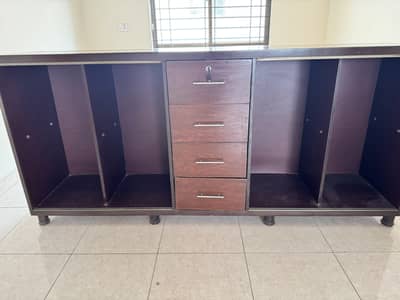 Wooden Console made from Adon has glass sliding doors and shelves to