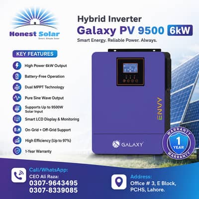 Galaxy PV9500 6kW Hybrid Solar Inverter | Dual MPPT | Battery-Free |