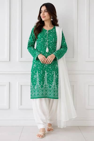 14 August Special 3-Piece Stitched Green & White Suit for Women