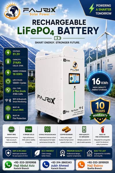 FAJRIX 16kWh LiFePO4 Lithium Battery 51.2V 314Ah | 10 Year Warranty