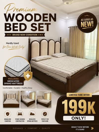 Brand New Wooden Bed with Medicated Spring Mattress | Hardly Used |