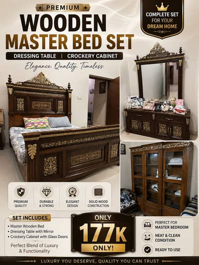Luxury Wooden Master Bed Set with Dressing Table & Crockery Cabinet