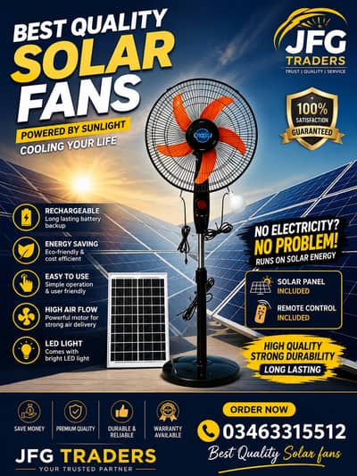Premium Solar Stand Fan 16" | Rechargeable Battery | Solar Panel