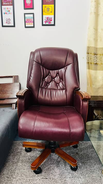 Premium Executive Office Chair - Burgundy Leather & Wood Finish