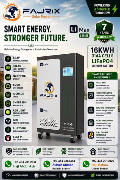 Fajrix 16.07kWh Smart Lithium Battery (51.2V 314Ah) - 7 Years Warranty
