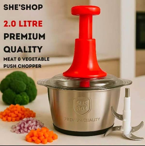 2.0Litre 4 Blades Premium Quality Meat And Vegetable Push Chopper With Stainless Steel Bowl