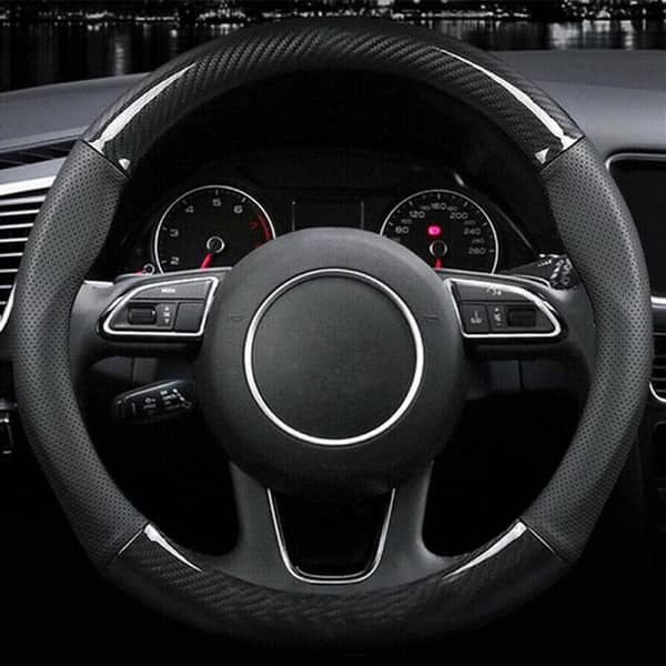 Universal Leather Steering Wheel Cover - Carbon Fiber Style, Soft Hand-Stitched Anti-Slip
