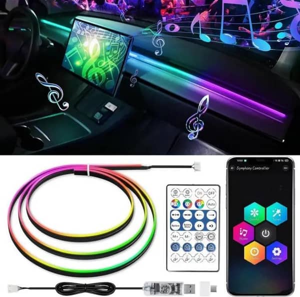 LED Symphony Ambient Light for Car Interior – USB Neon RGB Acrylic Strip with APP Remote