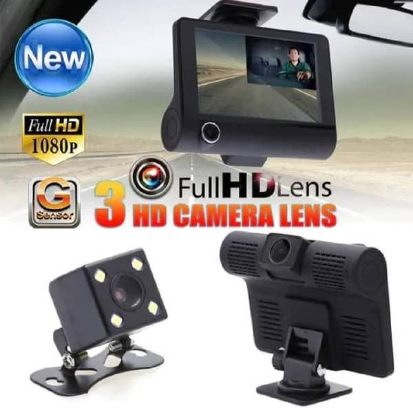 4-Inch HD Three-Lens Car DVR Night Vision Dash Cam with Rear View and Camcorder Recorder