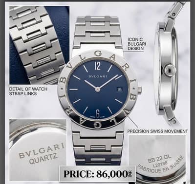 Authentic Bvlgari BB38 Stainless Steel Watch Blue Dial - Used`