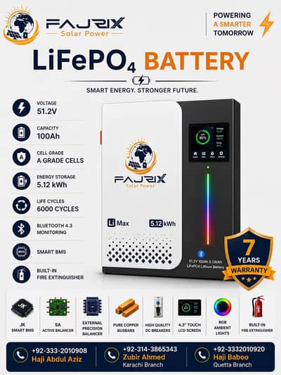 Fajrix Li Max 5.12kWh Lithium Battery (51.2V 100Ah) – 7 Years Warranty